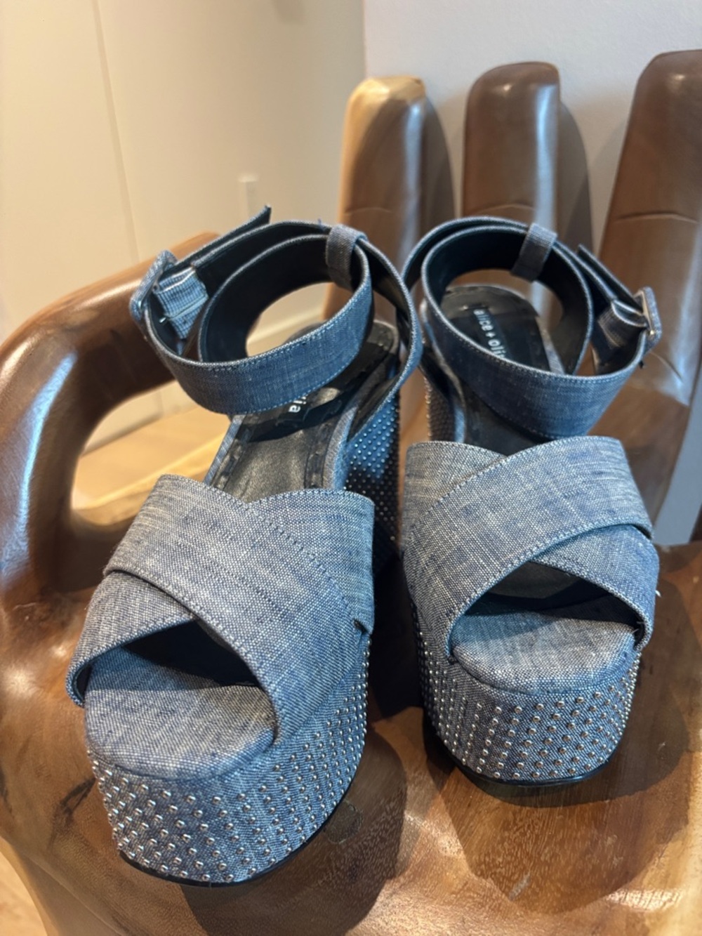 Alice + Olivia Denim Platform Sandals with Studded Wedge
